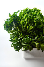 Various Herbs And Lettuce In A Bowl On White Background