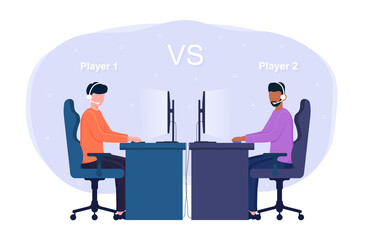 Two male characters playing one versus another video games in computer club. Concept of losing and winning in computer games. Flat cartoon vector illustration