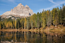 Amazing Landscape Of Lake With Calm Water Located Near Evergreen Woods On Sunny Day On Background Of The Dolomites Mountain Range In Italy