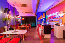 Interior Of Empty Stylish Bar With Neon Lights And Modern Design Decorated With Flowers And Lamps