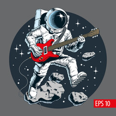 astronaut playing electric guitar in space. stars and asteroids on background. vector illustration.
