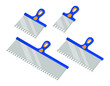 Isometric vector illustrations of wall worker notched trowels isolated on white. Different size putty knives vector icon set. Cartoon spatula with blue and yellow plastic handle. Construction tool.