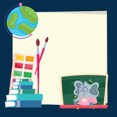 Wall Mural - Back to school elephant cartoon on board and icons vector design