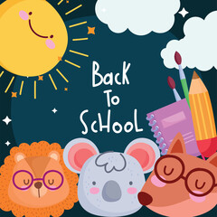 Wall Mural - Back to school animals cartoons sun and icons vector design