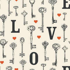 Wall Mural - Seamless pattern on the theme of love with black hand-drawn keys, capital letters L O V E and red hearts. Vintage vector background in retro style, suitable for Wallpaper, wrapping paper, fabric