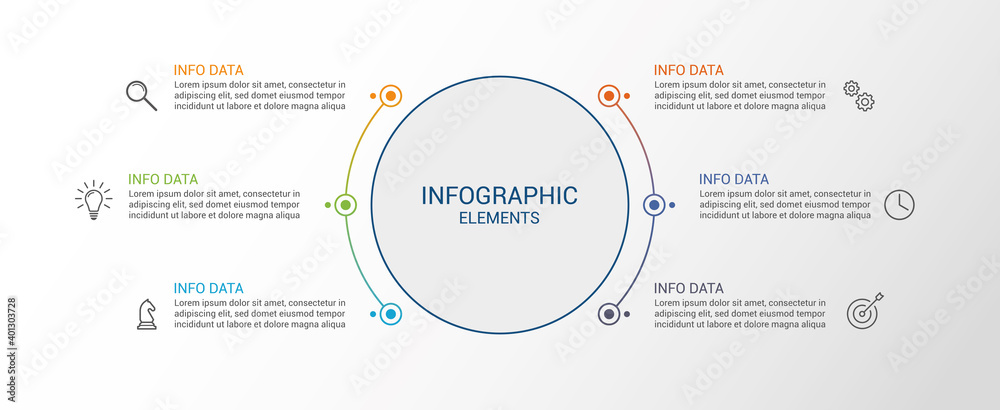 Infographic. Business data visualization. 6 steps infographic design template with icons. Process diagram, workflow, flow chart. - obrazy, fototapety, plakaty 
