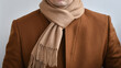 Fragment of winter men outwear, light beige scarf combined with fashionable mens brown coat. Selective focus.