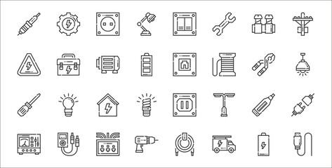 set of 32 electrician tools and thin outline icons such as usb, truck, drill, transformer, voltage, house, lamp, socket, tool box