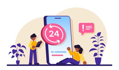 Wall Mural - 24 7 service concept or call center, big smartphone and small people with laptops. Nonstop customer support. Modern flat illustration.