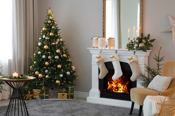 Wall Mural - Beautiful living room interior with burning fireplace. Christmas celebration