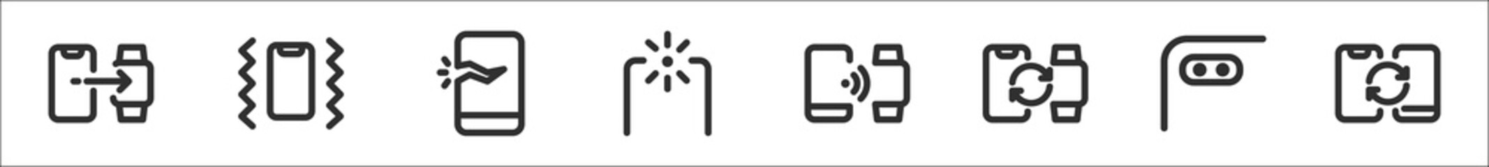 set of 8 phones and mobiles thin outline icons such as connection, back camera, cracked smartphone, camera, connect, transfer, back camera, transfer