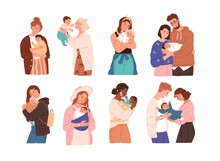 Set Of Cute Women And Families With Newborn Baby. Collection Of Different Children With Happy Parents Feeling Love Isolated Vector Flat Illustration. Mother, Father And Kids Embracing Each Other