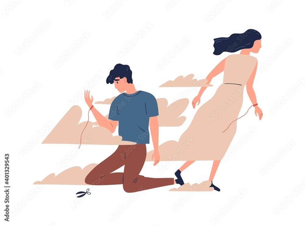 Mother leaving grown up son. Unhappy teen lost emotional connection with parent. Couple breakup, family divorce and relationship problem concept. Vector illustration in flat cartoon style - obrazy, fototapety, plakaty 