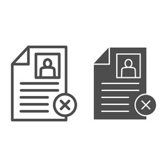 Poster - Employee profile with cross line and solid icon, Black bookkeeping concept, questionnaire with cancel sign on white background, Refusal to formalize the employee icon outline style. Vector graphics.
