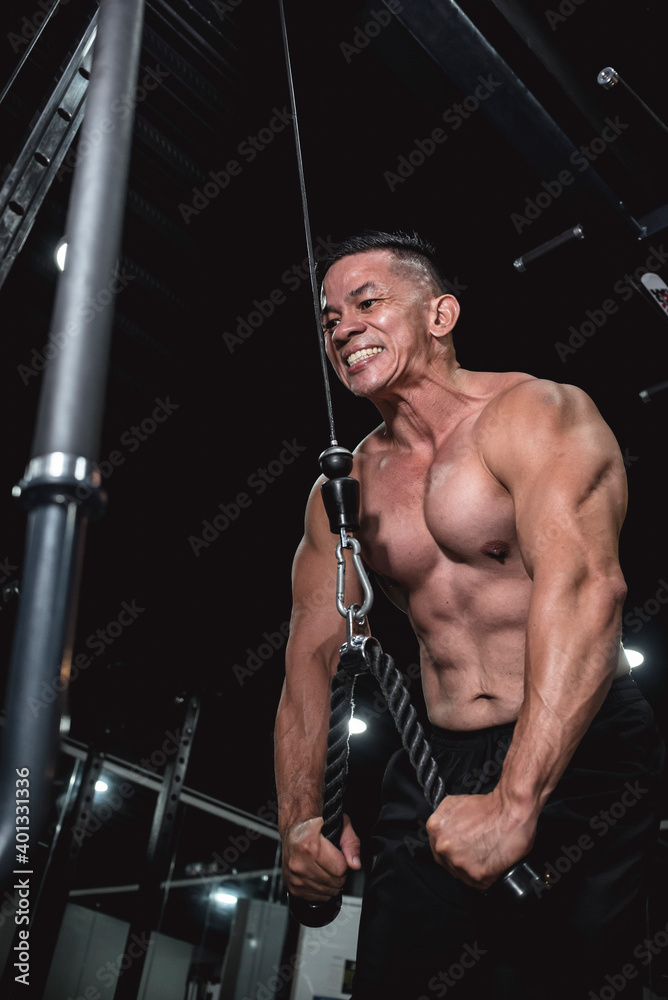 A buff asian male working out at the gym, doing cable rope pushdowns ...