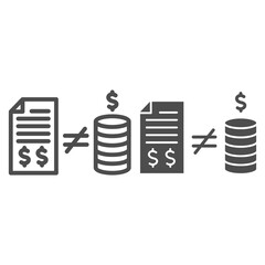 Fototapete - Contract with money and inequality sign line and solid icon, Black bookkeeping concept, Mismatch of money in report sign on white background, inequality in bookkeeping icon in outline style. Vector.