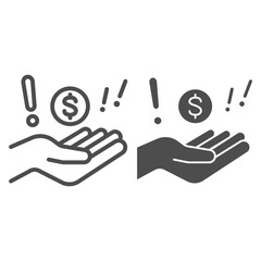 Poster - Hand with dollar and exclamation line and solid icon, Black bookkeeping concept, Illegal cashing of funds sign on white background, coin in hand in corruption deal icon in outline. Vector graphics.