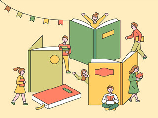 Wall Mural - book festival poster. in a library with a large book built like a building, people are walking aroun
