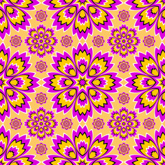 Wall Mural - Yellow wrapping paper with pink flowers. Optical expansion illusion. Seamless pattern.