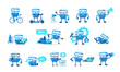 Robot mascot character set. Support service-center. Chat bot. All tasks. Cartoon flat vector illustration.