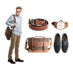 Wall Mural - Collage of fashionable young man and different stylish accessories on white background