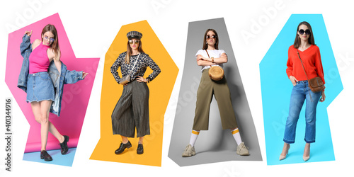 Collage of fashionable young women on white background Fototapet