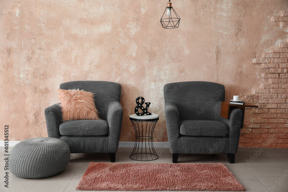 Interior of modern room with armchairs