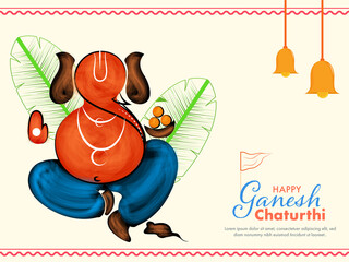 Poster - Color Sketching Of Lord Ganesha, Rat With Banana Leaves And Bells Hanging For Happy Ganesh Chaturthi Celebration.