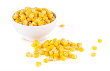 tinned corn in a white bowl isolated on a white background