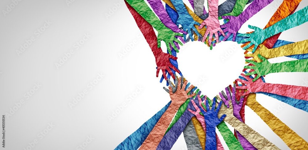 United diversity and unity partnership as heart hands in a group of diverse people connected together shaped as a support symbol expressing the feeling of teamwork and togetherness - obrazy, fototapety, plakaty 