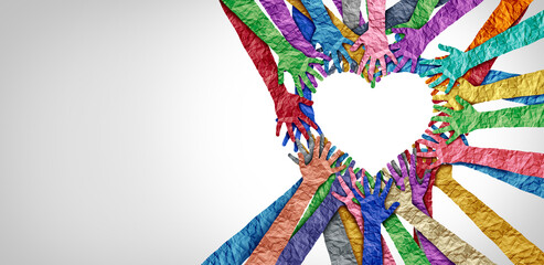 Wall Mural - United diversity and unity partnership as heart hands in a group of diverse people connected together shaped as a support symbol expressing the feeling of teamwork and togetherness