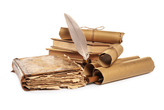 Old books with scrolls on white background