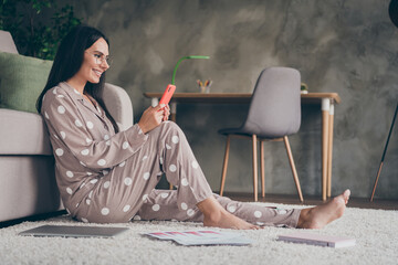 Poster - Profile photo of sweet optimistic girl sit write telephone wear spectacles pijama at home