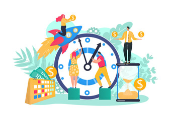 Canvas Print - Business team time management with big clock concept, vector illustration. Man woman strategy for money, flat finance work design. Teamwork man woman character with cartoon success coin.