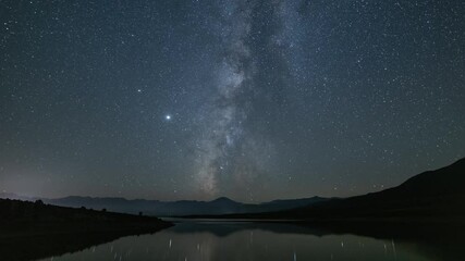 Wall Mural - Amazing time-lapse of the night sky with the stars being reflected in a lake.