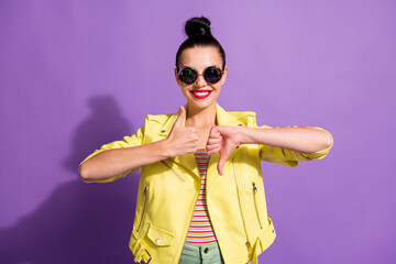 Wall Mural - Photo of positive girl show thumb up down opinion disagree accept isolated over violet color background