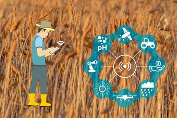 Wall Mural - Smart Agriculture concept. production with modern farming technologies. Wireless communication icons. with wheat farm background. 