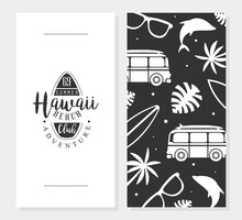 Hawaii Beach Club Card Template, Summer Adventure Monochrome Banner, Invitation, Flyer Design Vector Illustration