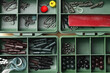 © fotofabrika - Plastic compartment case and fishing tackle top view