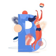 Wall Mural - Beach volleyball concept illustration with capital letter B and young woman in swimsuit jumping for ball. Vector sport character drawn in vibrant blue and orange colors