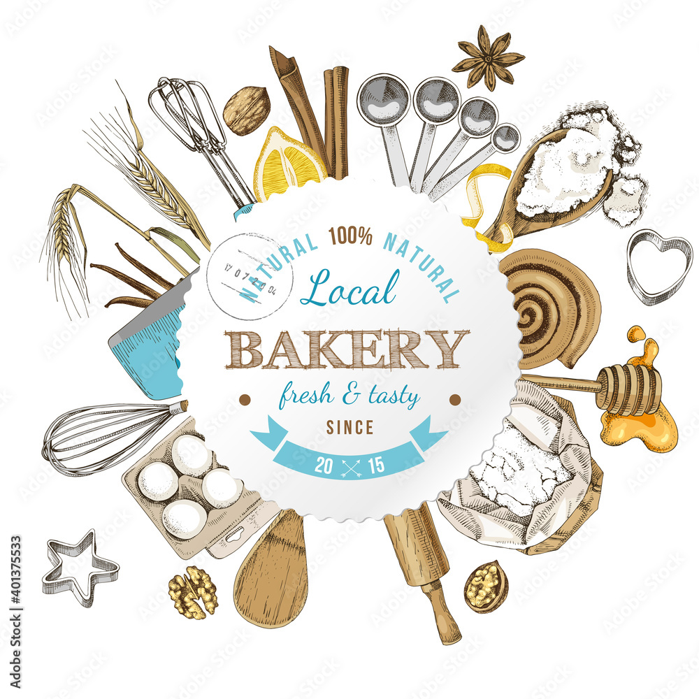 Bakery label with ingredients and kitchen utensils Stock Vector | Adobe ...