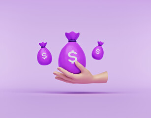 Fototapete - bag of money in a hand. minimal design. 3d rendering
