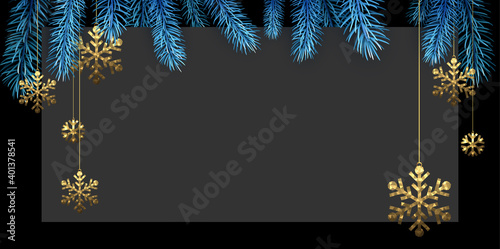 Fototapeta Blue spruce branches with golden snowflakes.