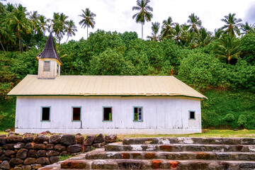 French Polynesia, Marquesas, Hiva Oa Island. Church Sacre Coeur in Puamau.