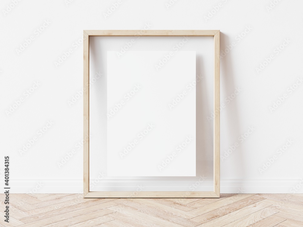 Blank vertically oriented rectangular picture frame with light wood border standing on wooden floor leaning on white wall. 3D Illustration. - obrazy, fototapety, plakaty 