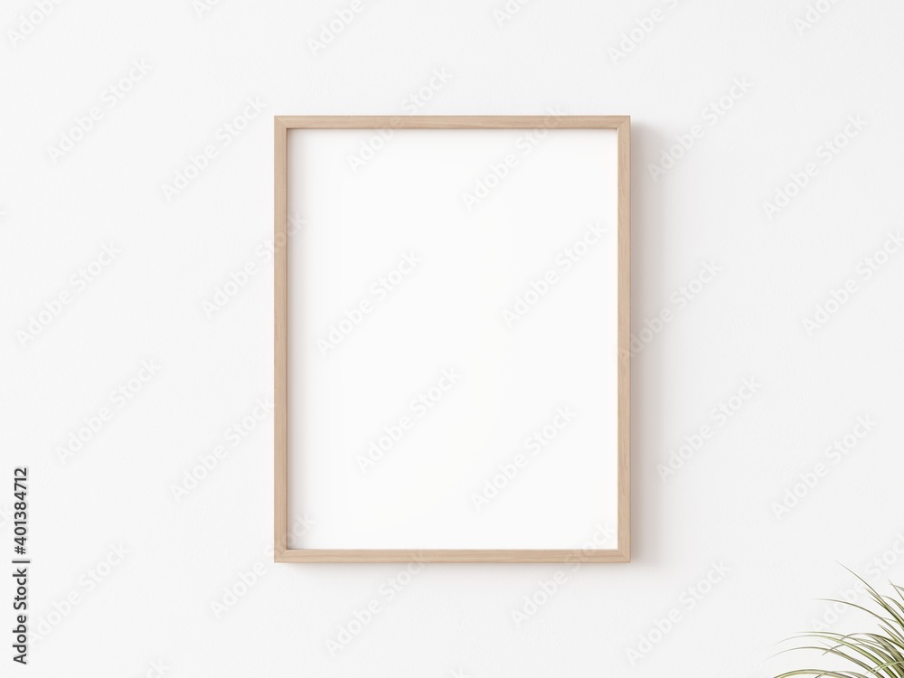 Single empty vertically oriented rectangular picture frame with thin wooden border hanging on white wall. 3D illustration. - obrazy, fototapety, plakaty 