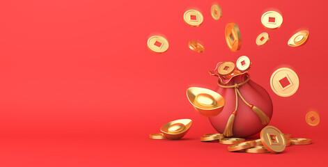 Happy Chinese new year decoration with red pouch money bag, Chinese gold coins, copy space text, wide composition, 3D rendering illustration