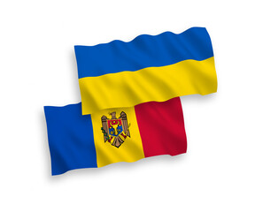 National vector fabric wave flags of Moldova and Ukraine isolated on white background. 1 to 2 proportion.