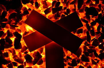 Poster - 
Obliquely crossed metal strips on an anthracite burning coal.