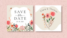 Save The Date Square Background With Watercolor Wildflowers